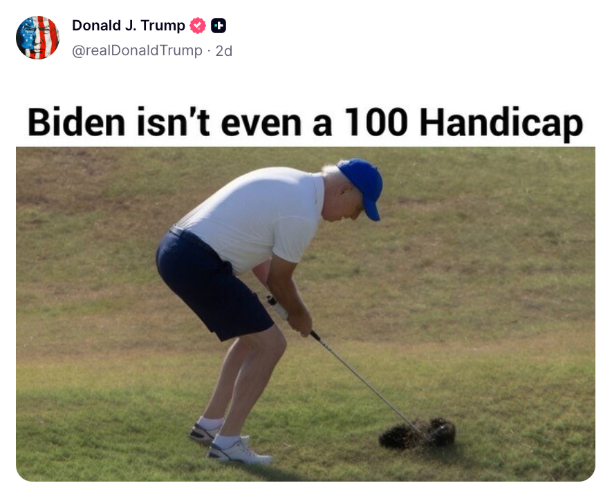 En mann som golfer midt i svingen med bildeteksten: