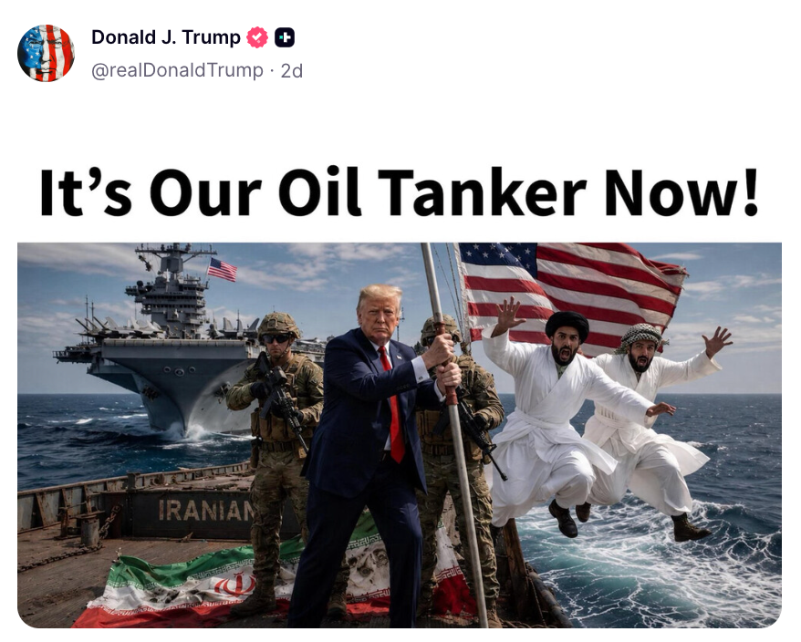 Satirisk bilde med en mann, soldater og andre som holder et amerikansk flagg på et skip merket «IRANIAN," med et marinefartøy i bakgrunnen