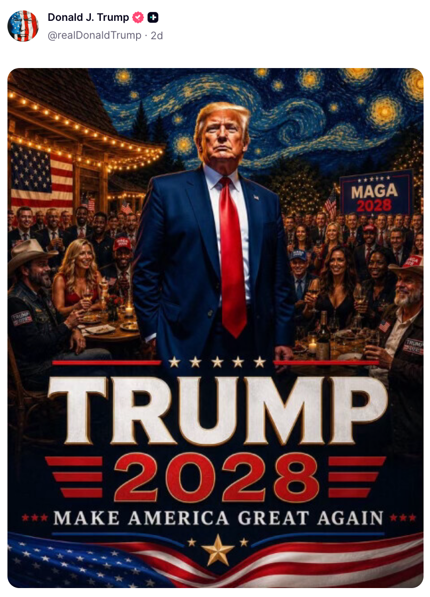 Illustrasjon av Donald J. Trump i dress som står selvsikkert sammen med folk og "Trump 2028" kampanjeskilt i bakgrunnen