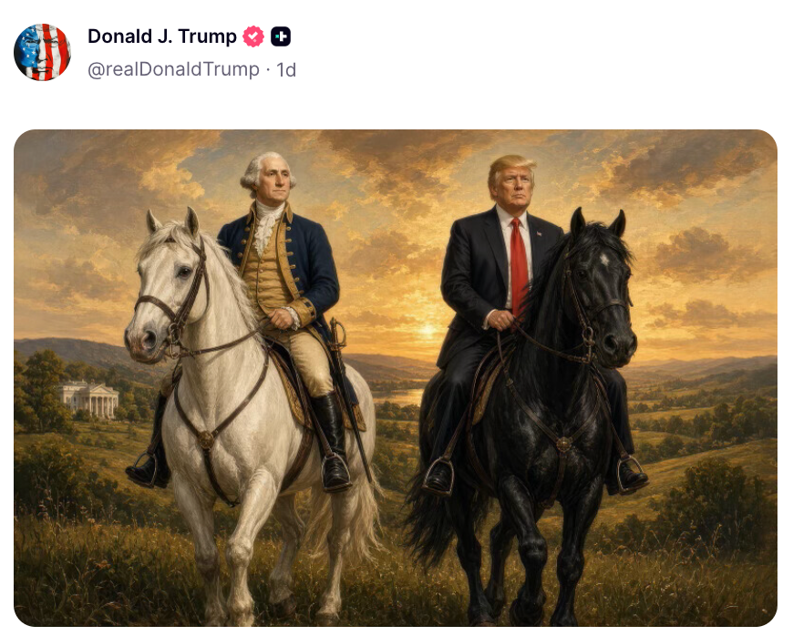 Et maleri av to menn på hesteryggen, den ene i historisk antrekk som ligner George Washington, den andre i en moderne dress som ligner Donald Trump