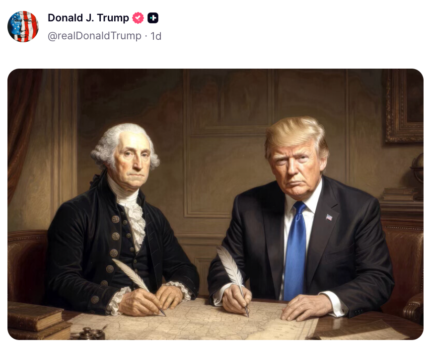 Kunstverk av Donald Trump og George Washington sitter ved et bord, og holder hver sin fjærpenn som om de komponerte et dokument