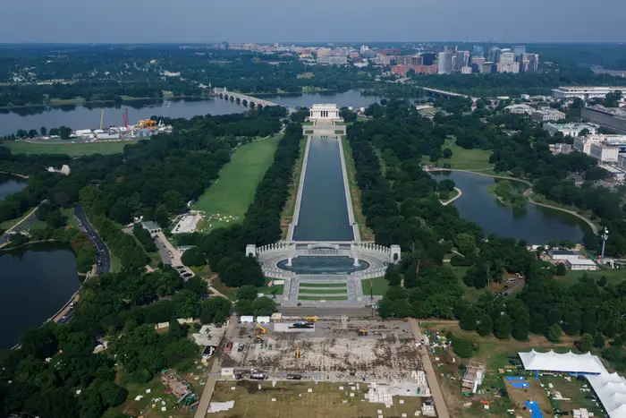 Luftfoto av National Mall i Washington, DC, med Lincoln Memorial, Reflecting Pool og omkringliggende grøntområder