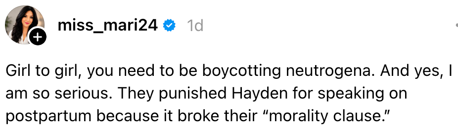 Instagram-innlegg som oppfordrer til boikott av Neutrogena for å straffe Hayden på grunn av en