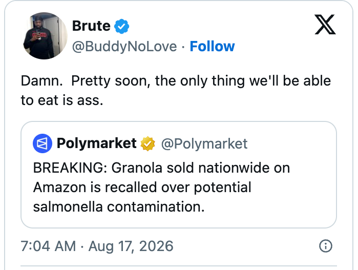 Tweet av Brute kommenterer spøkefullt om tilbakekalling av granola på grunn av salmonellarisiko, og antyder begrensede matalternativer