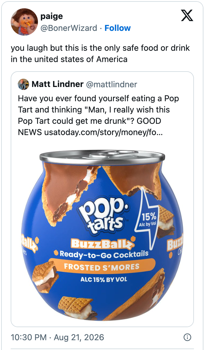 En fiktiv Pop-Tarts "BuzzBallz" cocktailboks merket