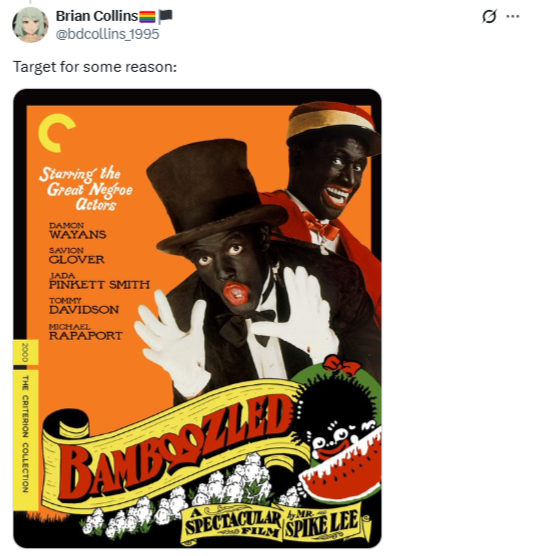 En satirisk filmplakat viser to karakterer i blackface-sminke med overdrevne ansiktsuttrykk. Teksten inkluderer navn på rollebesetningene og 