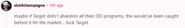 Kommentar som antyder at Target kunne ha fanget opp et problem før offentlig utgivelse hvis DEI-programmer ikke ble forlatt; uttrykker frustrasjon