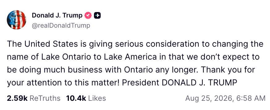 Innlegg av @realDonaldTrump som foreslår å gi nytt navn til Lake Ontario til Lake America, med henvisning til redusert virksomhet med Ontario