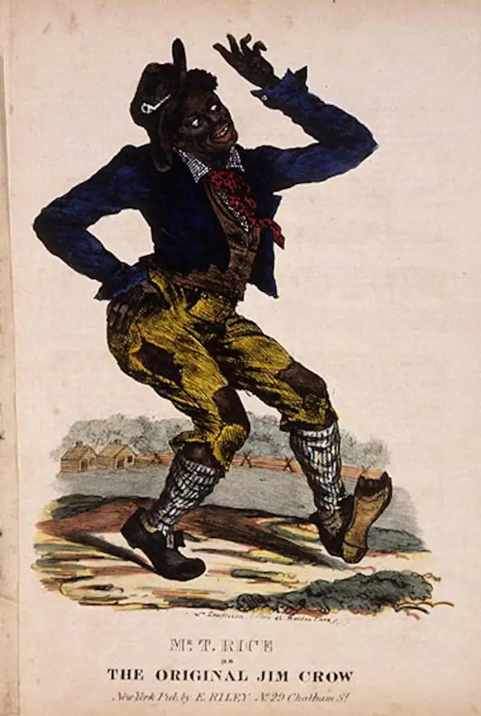 En historisk illustrasjon av en karakter i teatralsk antrekk, som viser musikkutøveren Thomas D. Rice fra midten av 1800-tallet som 