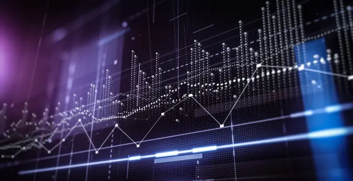 Abstrakt digital graf med linjer og punkter, som foreslår dataanalyse eller visualisering av finansiell informasjon