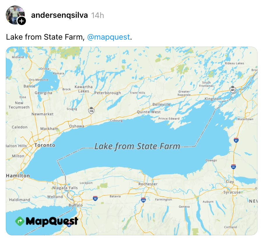 Kart som viser "Lake from State Farm" som en humoristisk redigering på et kart over Lake Ontario