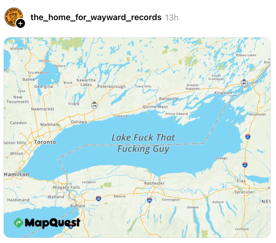 Kart som viser Lake Ontario humoristisk merket som