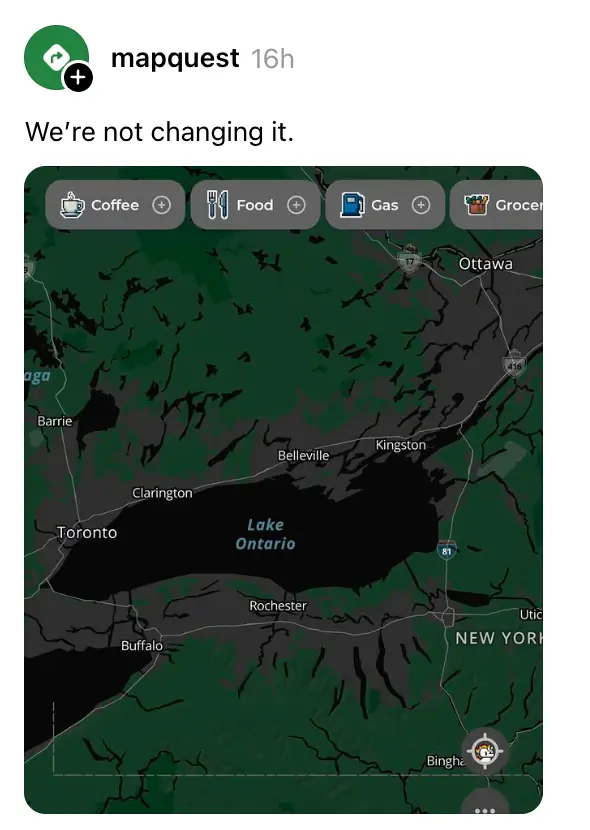 Kart over Lake Ontario-området med byer som Toronto og Buffalo merket. Bildeteksten sier: