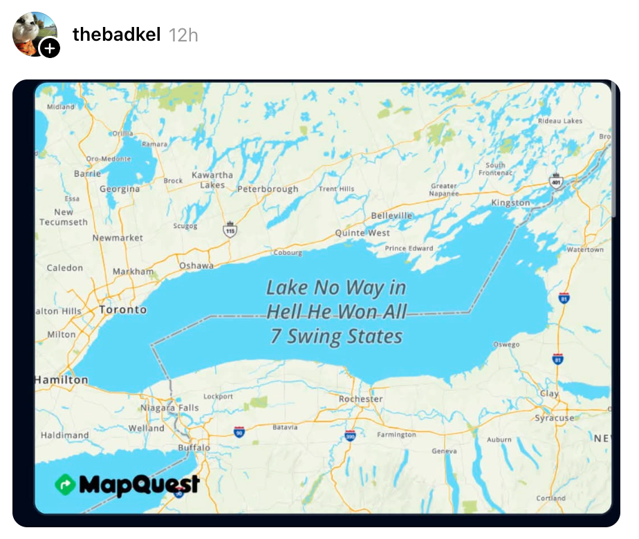 Kart over Lake Ontario merket med et humoristisk budskap: