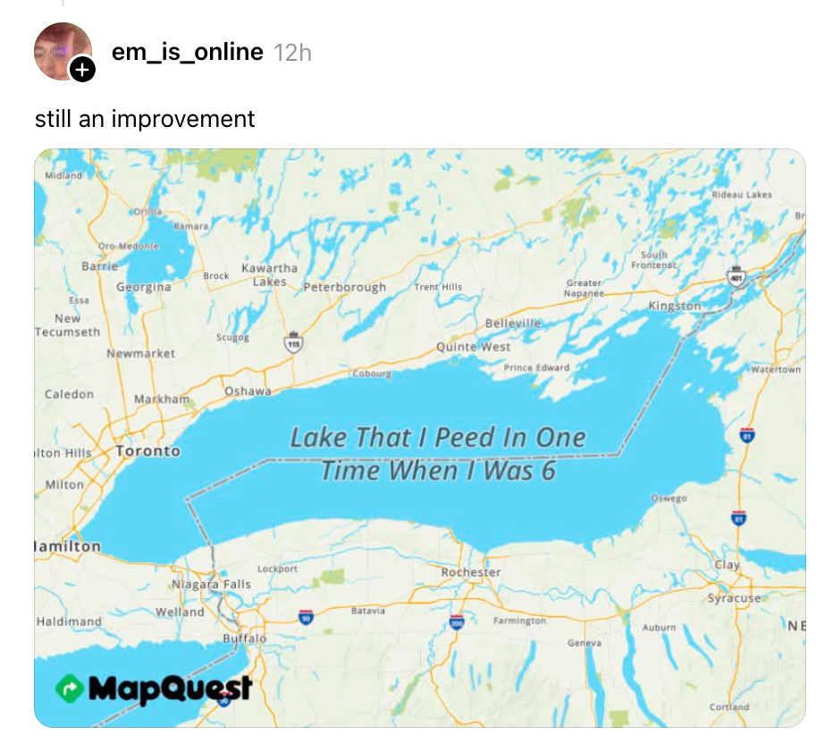 Kart over Lake Ontario merket humoristisk som