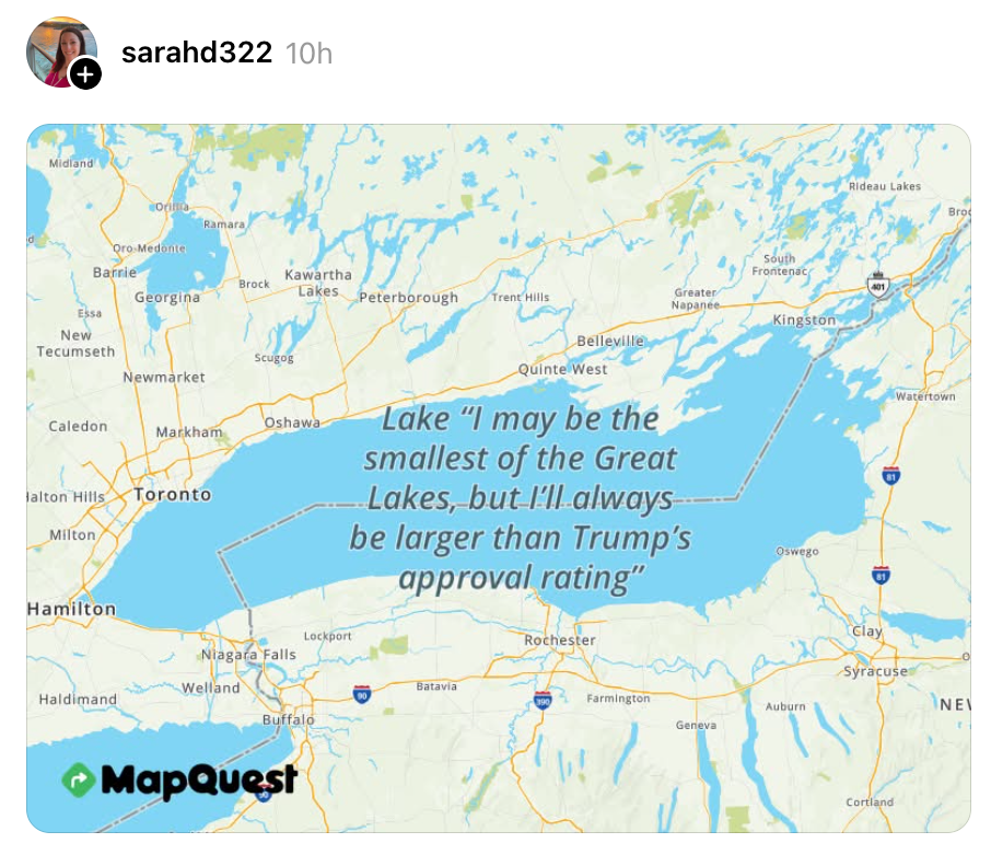 Kart over Lake Ontario med humoristisk tekst som sier at det alltid vil være større enn Trumps godkjenningsvurdering