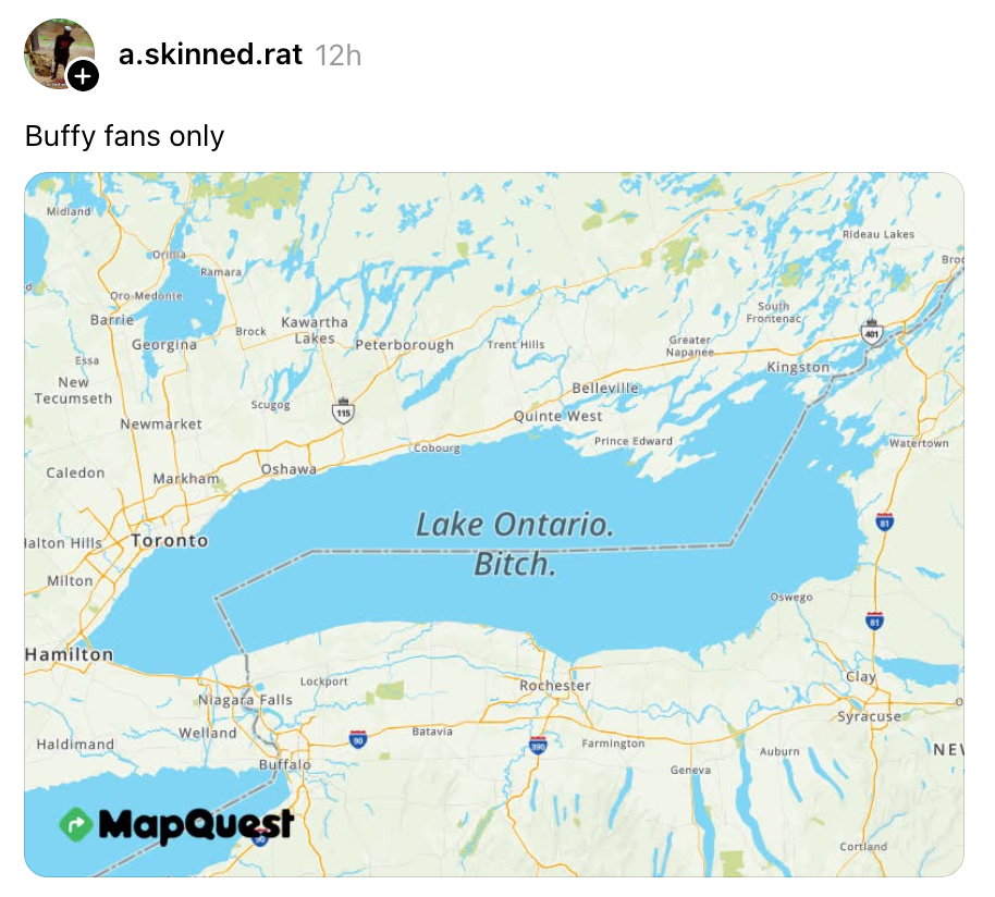 Kart over Lake Ontario med humoristisk tekstoverlegg