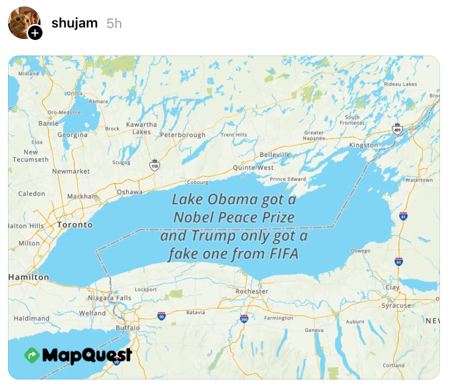Kart over Lake Ontario med tekstspøk: Lake "Obama fikk Nobels fredspris og Trump fikk bare en falsk fra FIFA." MapQuest-logoen er synlig