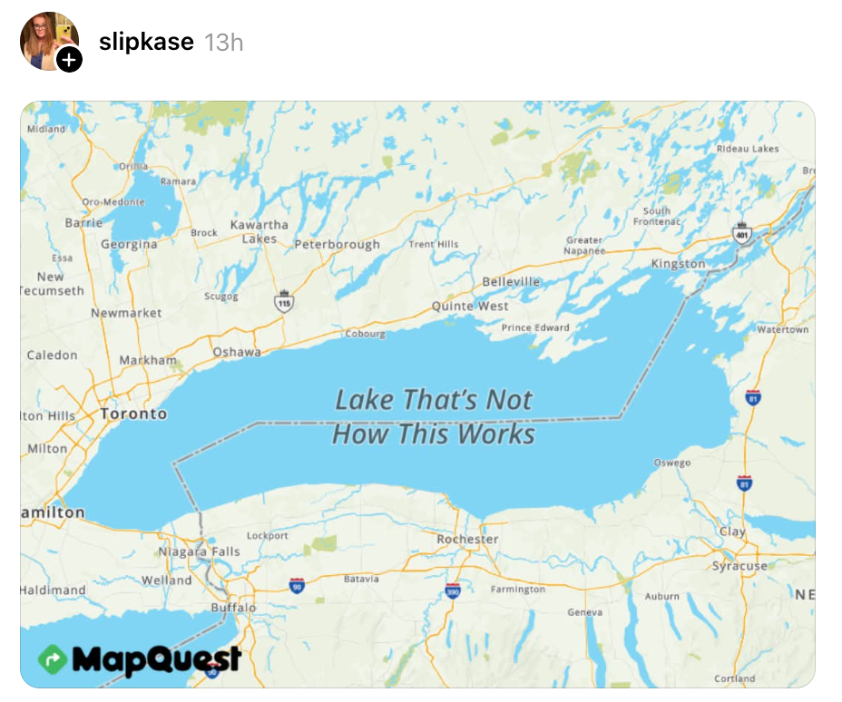 Kartbilde merker på humoristisk vis Lake Ontario som