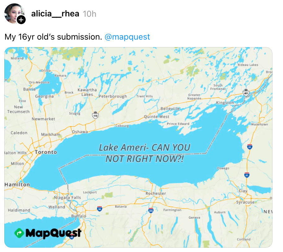 Kart med tekstoverlegg: "Lake Ameri-CAN YOU NOT RIGHT NOW?!" som indikerer Lake Ontario