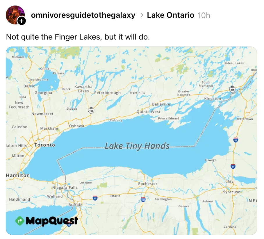 Kart med Lake Ontario humoristisk ommerket som