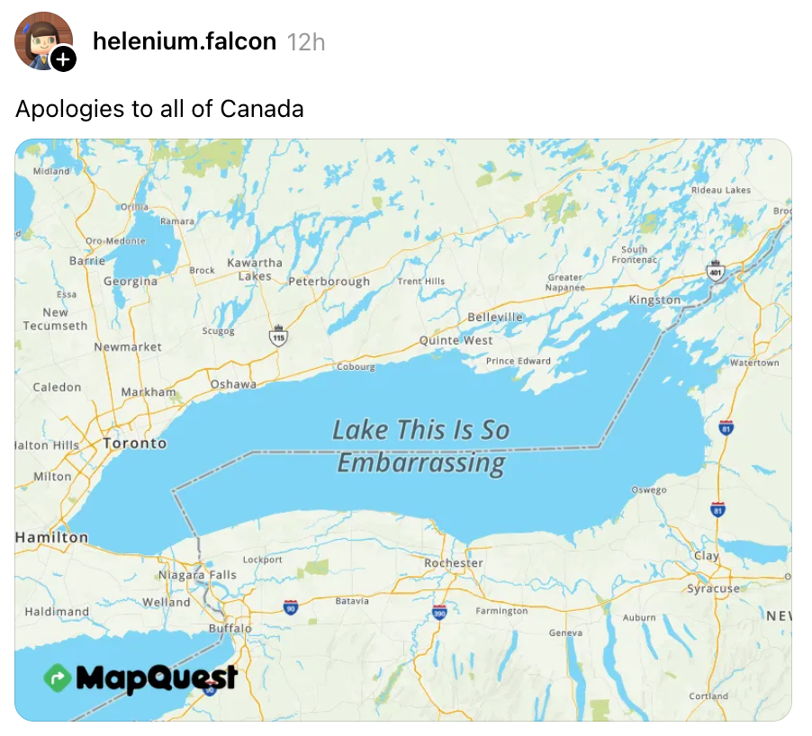 Kart med Lake Ontario merket humoristisk som
