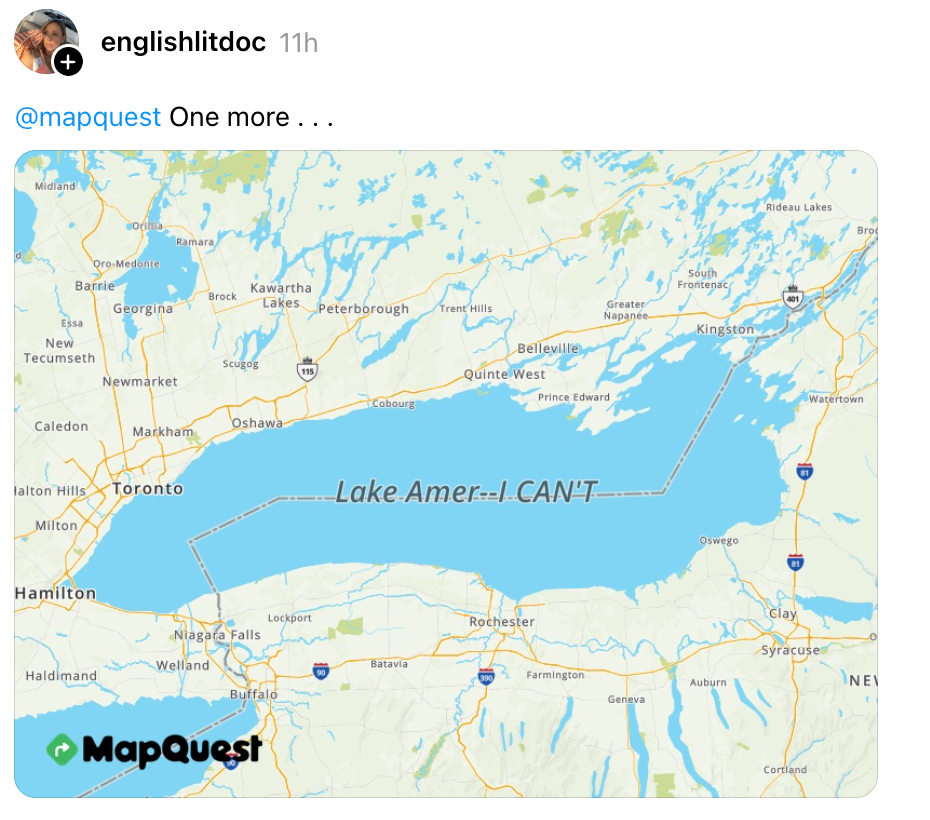 Mapquest-bilde betegner på humoristisk vis Lake Ontario som