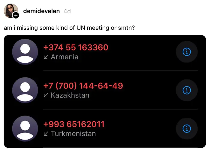 Skjermbilde av et innlegg på sosiale medier som viser telefonnumre fra Armenia, Kasakhstan og Turkmenistan, med en kommentar som spør om et FN-møte