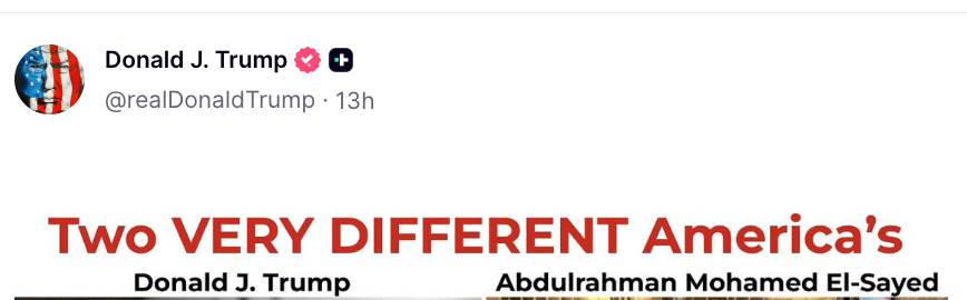 Tweet som sammenligner to visninger av Amerika med bilder av Donald J. Trump og Abdulrahman Mohamed El-Sayed