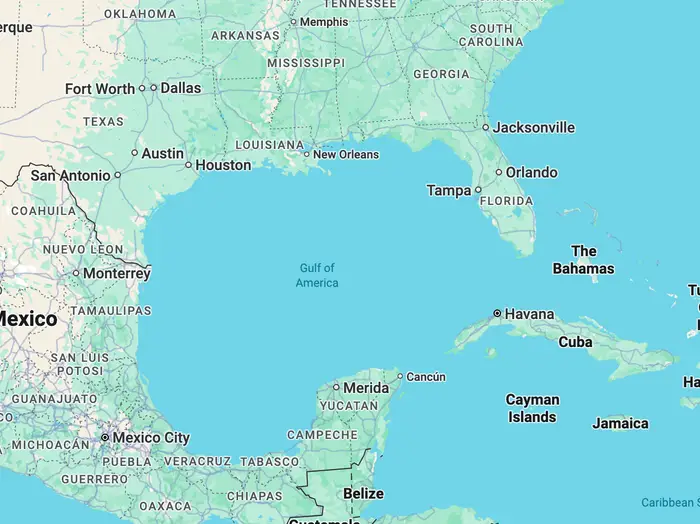 Kart som viser Mexicogulfen-regionen, inkludert deler av USA, Mexico og Karibia