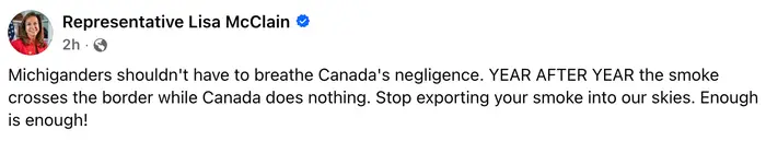 Tekst fra Lisa McClain som uttrykker frustrasjon over røyk fra Canada som påvirker Michigan årlig