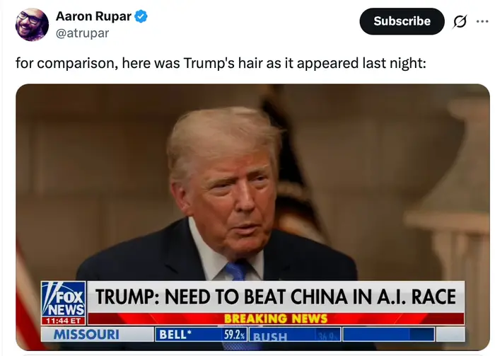 En nyhetssending viser en tidligere amerikansk president som blir intervjuet. Overskriften diskuterer behovet for å slå Kina i AI-løpet