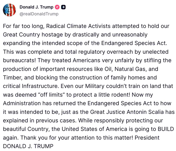 Sammendrag av tekst: Meldingen kritiserer radikale klimaaktivister for å utvide loven om truede arter, påvirke ressurser og militær arealbruk