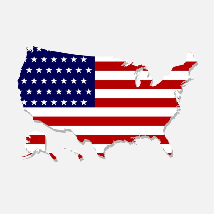 Kart over USA fylt med det amerikanske flaggdesignet, som viser stjerner og striper