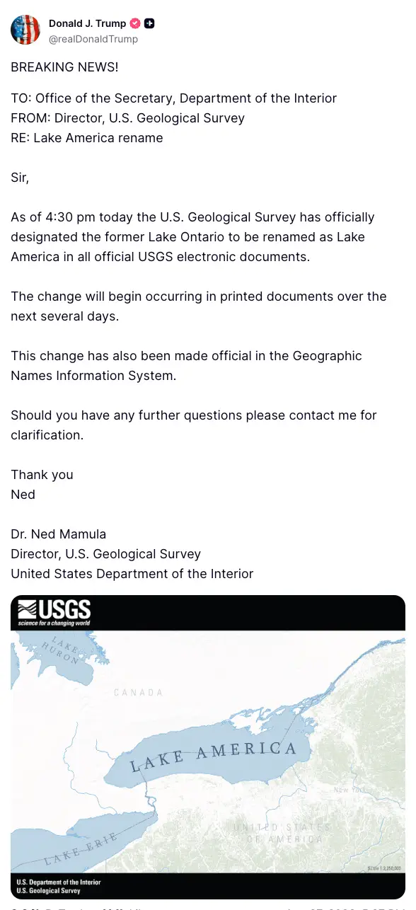 Pressemelding fra US Geological Survey omdøper Lake Ontario til Lake America i offisielle dokumenter. Kontakt oppgitt for spørsmål
