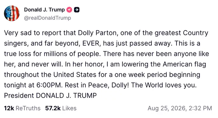 Falske innlegg på sosiale medier hevder Dolly Parton har gått bort, delt av en profil ved navn Donald J. Trump 25. august 2026
