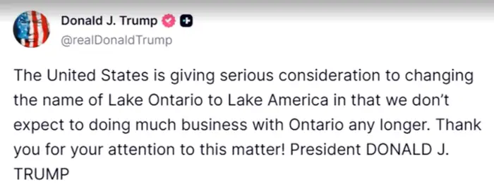 En tweet fra Donald J. Trump som vurderer å gi nytt navn til Lake Ontario til Lake America på grunn av reduserte forretninger med Ontario