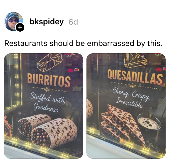Bilde av et innlegg på sosiale medier som viser to restaurantannonser. Til venstre: burritos "fylt med godhet." Til høyre: quesadillas "cheesy, crispy, uimotståelig."