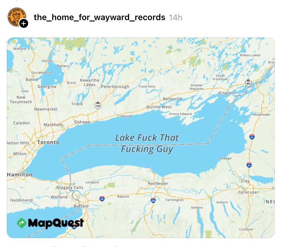 Kart med en humoristisk redigering som erstatter "Lake Ontario" med "Lake Fuck That Fucking Guy."