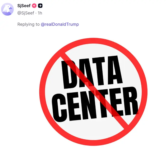 En grafikk viser "DATASENTER" trukket ut med en rød sirkel og strek, som et forbudt-skilt
