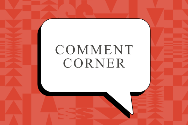 Snakkeboble med teksten "Kommentarhjørne" på mønstret bakgrunn