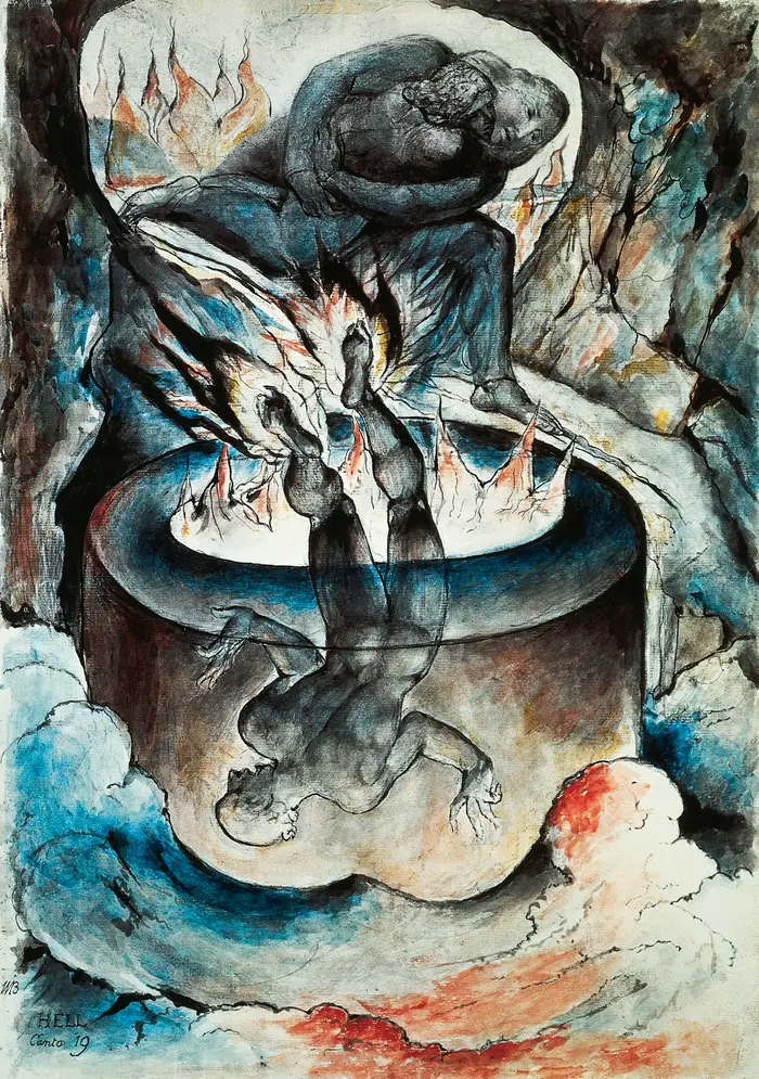 Maleri av William Blake som viser en skikkelse som faller ned i en brennende grop med en annen som ser ovenfra, omgitt av virvlende skyer og flammer