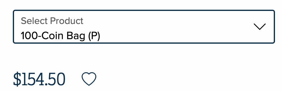 Rullegardinmeny som viser "100-myntspose (P)" og pris oppført som $154,50 med et hjerteikon under