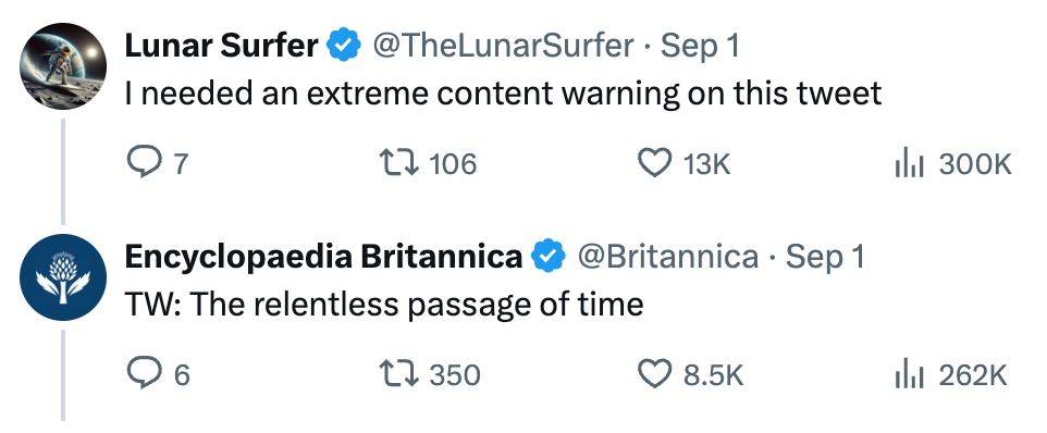 Twitter-utveksling med Lunar Surfer som fleiper om å trenge en innholdsadvarsel, og Encyclopaedia Britannica som svarer om tidens gang
