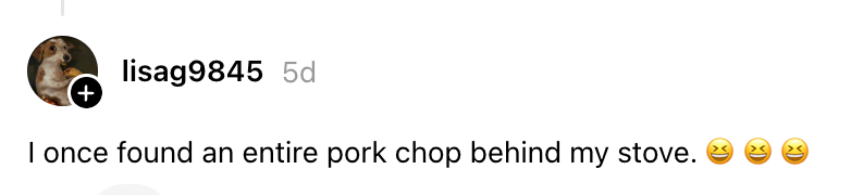 Innlegg på sosiale medier som deler en humoristisk historie om å finne en pinnekjøtt bak en komfyr, med leende emojis