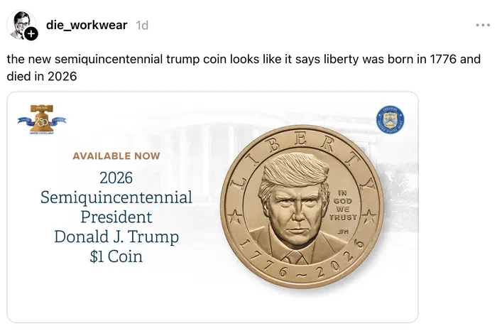 Bilde av en fiktiv Trump-mynt for 2026, som humoristisk sier