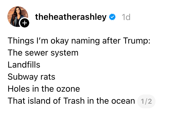 Instagram-innlegg av theheatherashley viser elementer humoristisk foreslått å bli oppkalt etter Trump, som kloakksystemer og søppelfyllinger