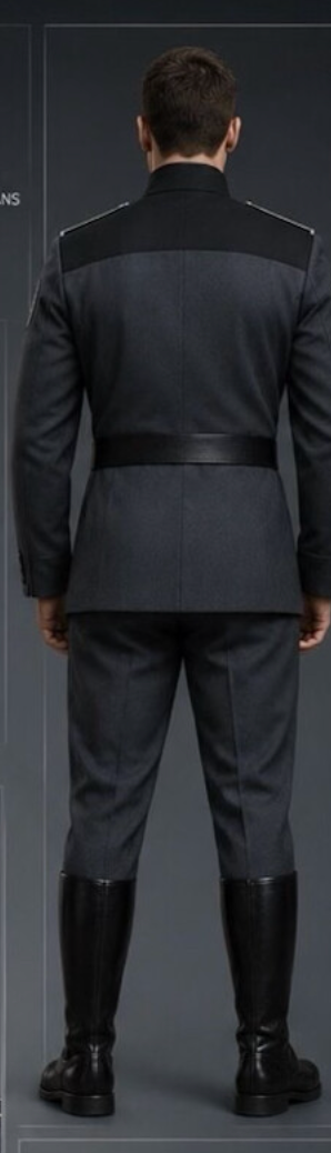 Person som står i en formell uniform i militærstil, sett fra baksiden, med høye svarte støvler og en beltejakke