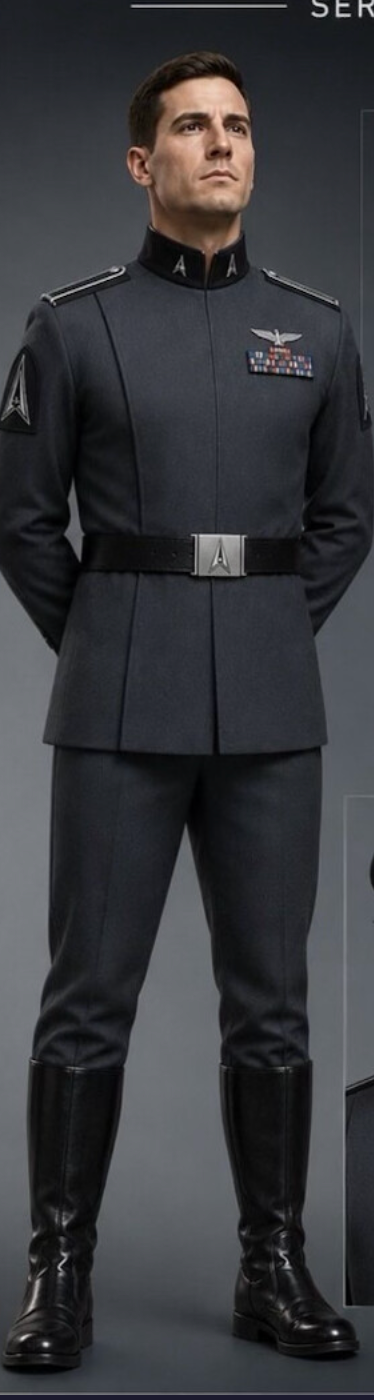 Person i en strukturert uniform i militærstil med merker, høye svarte støvler og et belte, som står selvsikkert