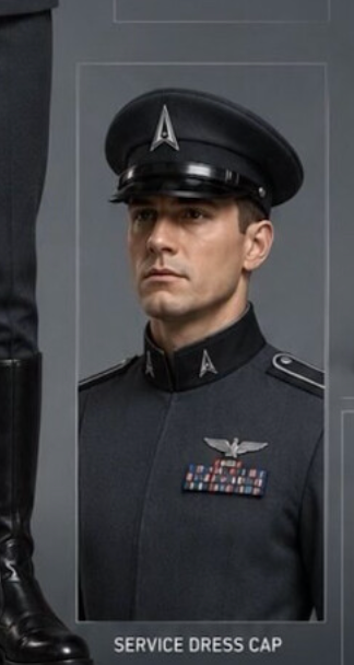 Person i uniform med militære insignier og servicedresshette, ser seriøs ut